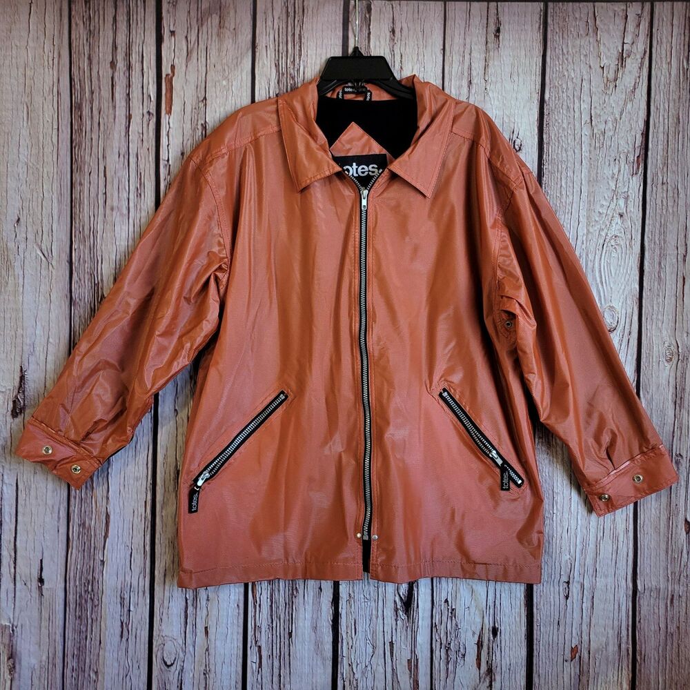 Totes 90s Vintage Raincoat Jacket Large Orange Zip Pockets Mens Waterproof